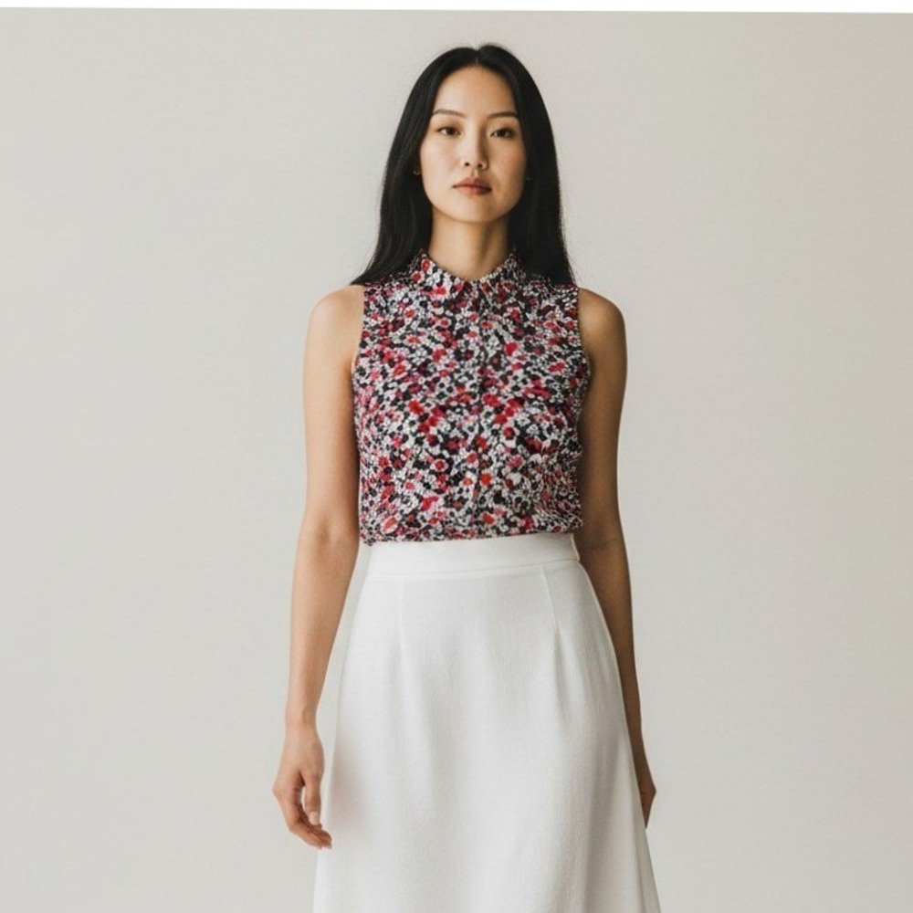 Tommy Hilfiger Floral Sleeveless Button Down Blouse Red Pink Black Women's Med
